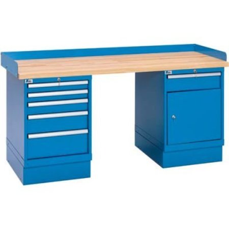 LISTA INTERNATIONAL Industrial Workbench w/5 and 1 Drawer w/Shelf Cabinets, Butcher Block Top - Blue XSWB52-72BT/BB